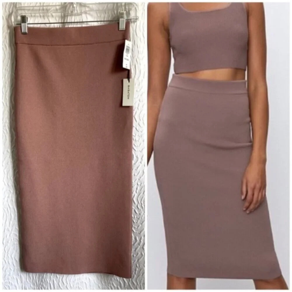 Aritzia Babaton Midi Tube Knit  Pencil Skirt Mauve Earth Size XS
